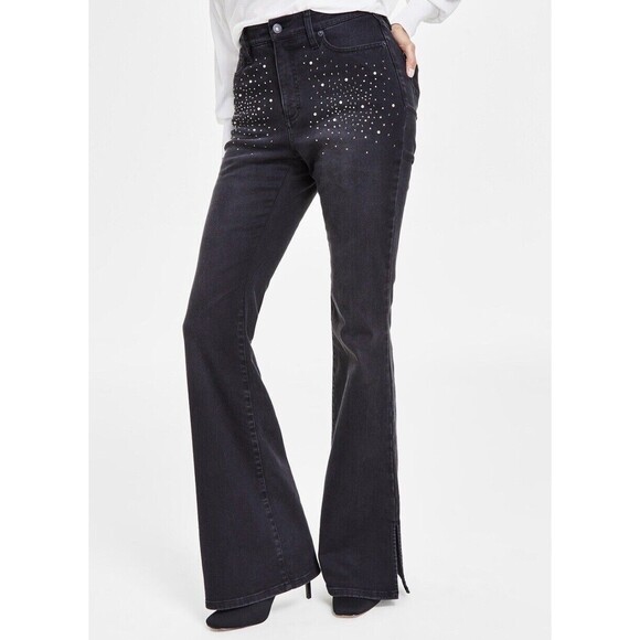 INC Denim Jeans Women's High Rise Flare Black Wash Rhinestones Studded at front - Picture 1 of 16